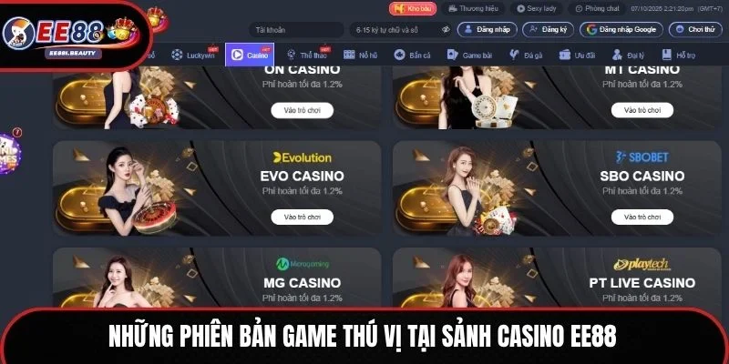 Những phiên bản game thú vị tại sảnh casino EE88